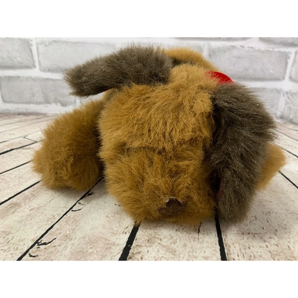 Kids of America floppy brown vintage plush spotted puppy dog lying down red bow - Picture 2 of 5
